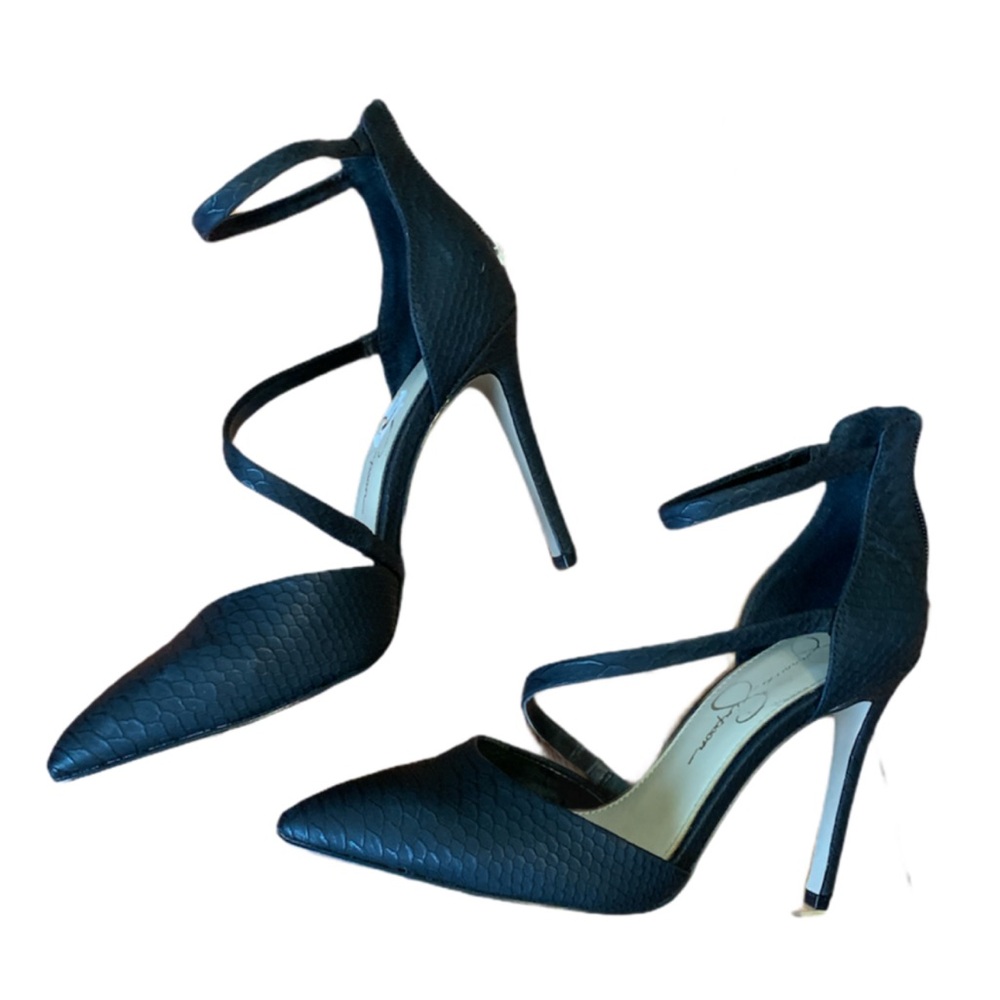 Jessica Simpson Black Faux Snakeskin Heels with Zipper
